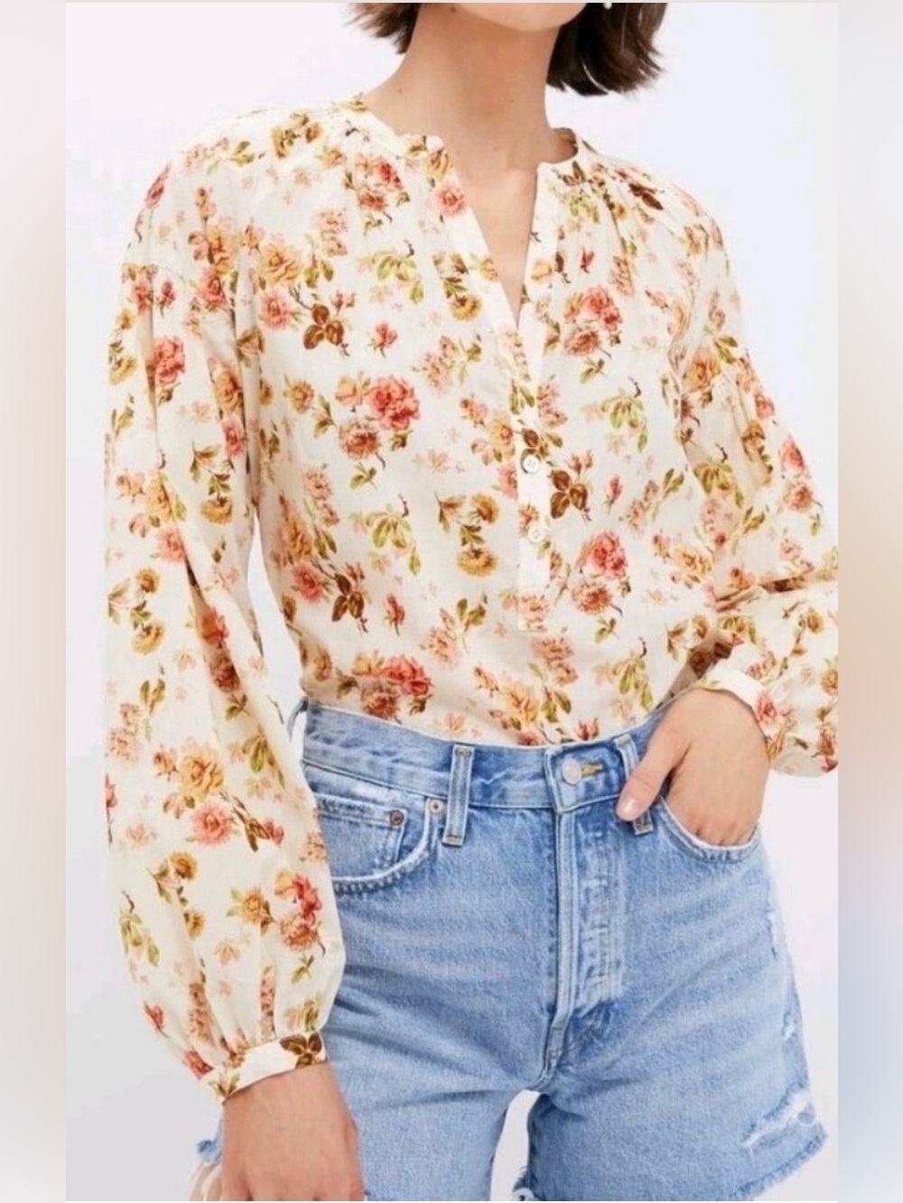 Tuckernuck Romantic Camden Cream Floral Button-Front Long Sleeve Blouse